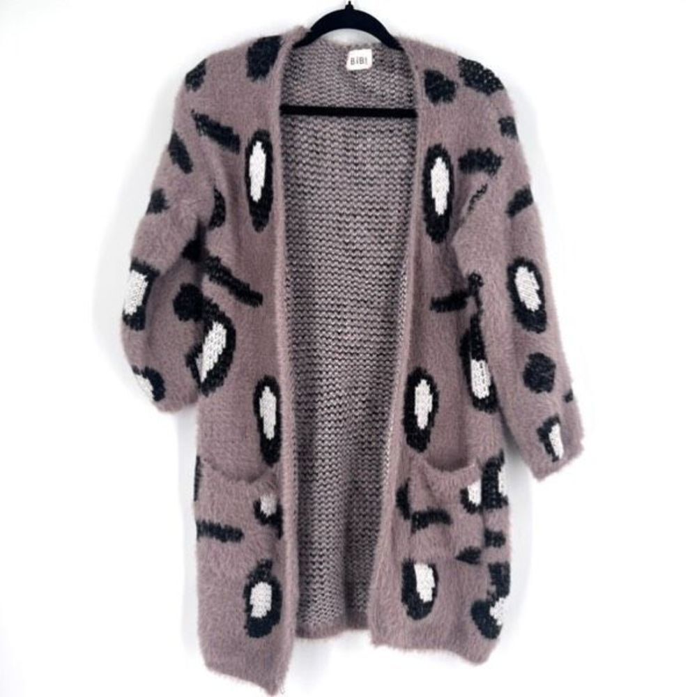 Bibi Soft Fuzzy Leopard Print Cardigan Sweater Sm… - image 3